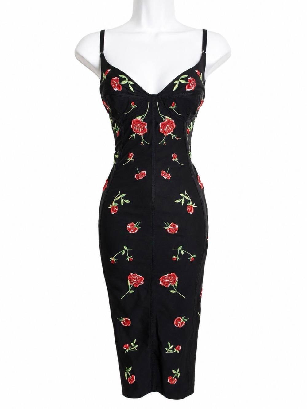 Karen Millen Vintage Black Embroidered Red Rose Corset  Dress
